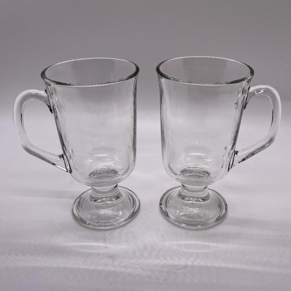 Vintage Pair of Small Arc France Clear Glass Irish Coffee Cappuccino Footed Mugs